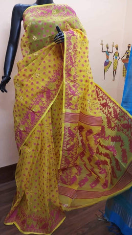 Yellow Designer Dhakai Jamdani Sarees Get Extra 10% Discount on All Prepaid Transaction