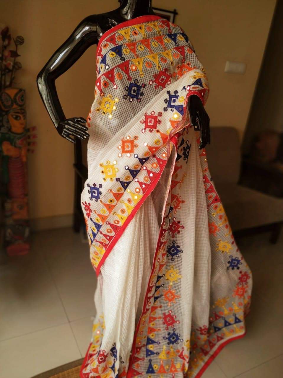 Beige Mirror Work Noil Applique Handloom Sarees - Dailybuyys