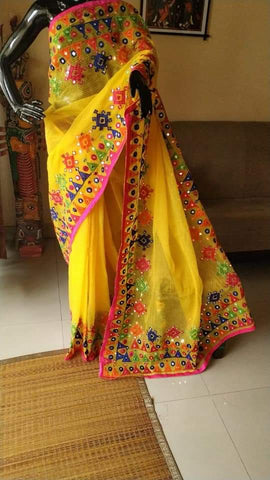 Yellow Mirror Work Applique Sarees Get Extra 10% Discount on All Prepaid Transaction