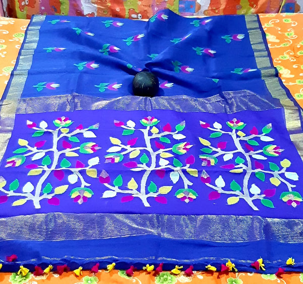 Blue Handloom Pure Linen Silk Jamdani Sarees