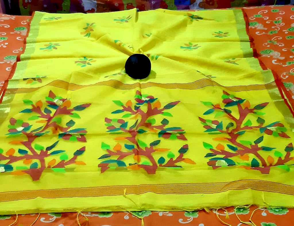 Yellow Handloom Pure Linen Silk Jamdani Sarees Get Extra 10% Discount on All Prepaid Transaction