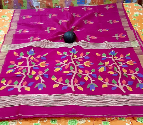 Purple Handloom Pure Linen Silk Jamdani Sarees