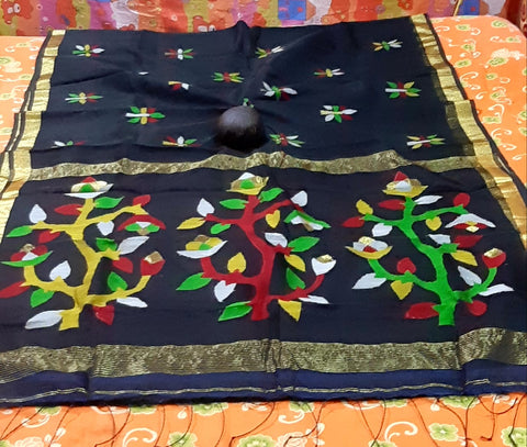 Black Handloom Pure Linen Silk Jamdani Sarees