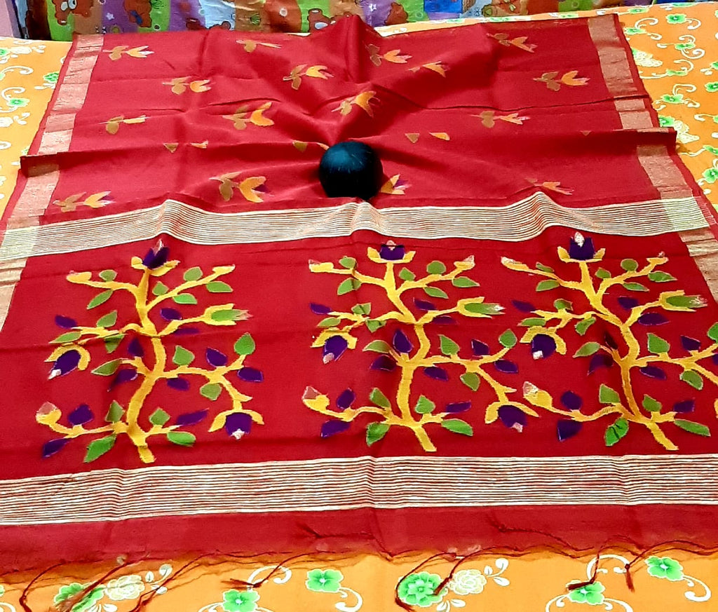 Red Handloom Pure Linen Silk Jamdani Sarees