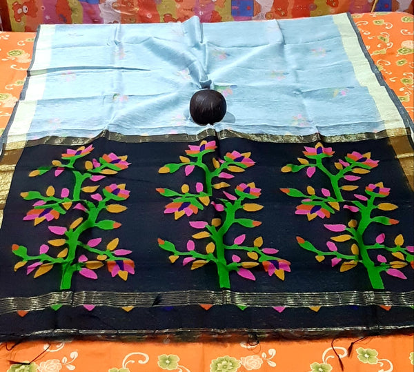 Black Beige Handloom Pure Linen Silk Jamdani Sarees