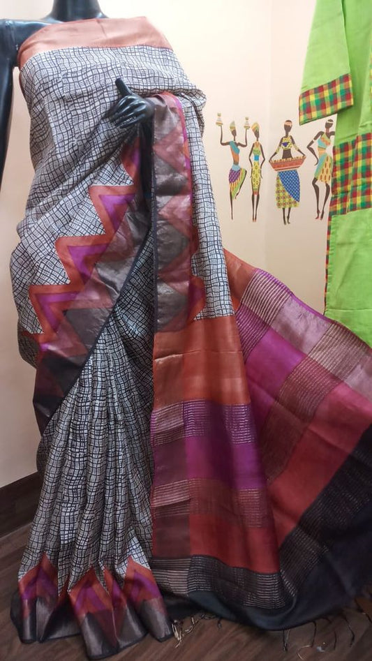 Grey Purple  Zari KK Block Printed  Zari Border Pure Silk Mark Certified Tussar Silk Sarees - Dailybuyys