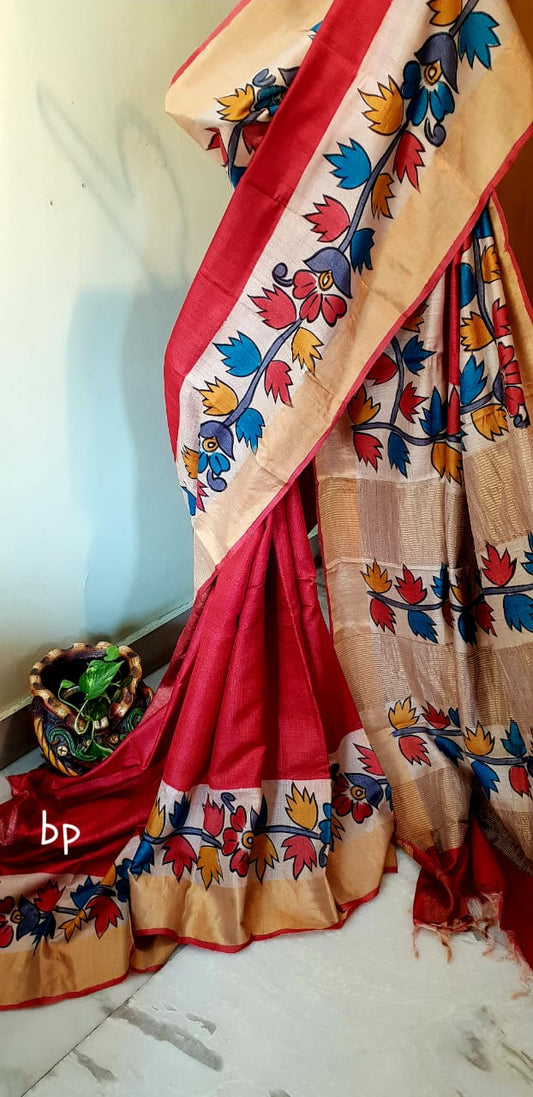 Red Beige Zari KK Hand Painted   Zari Border Pure Silk Mark Certified Tussar Silk Sarees - Dailybuyys