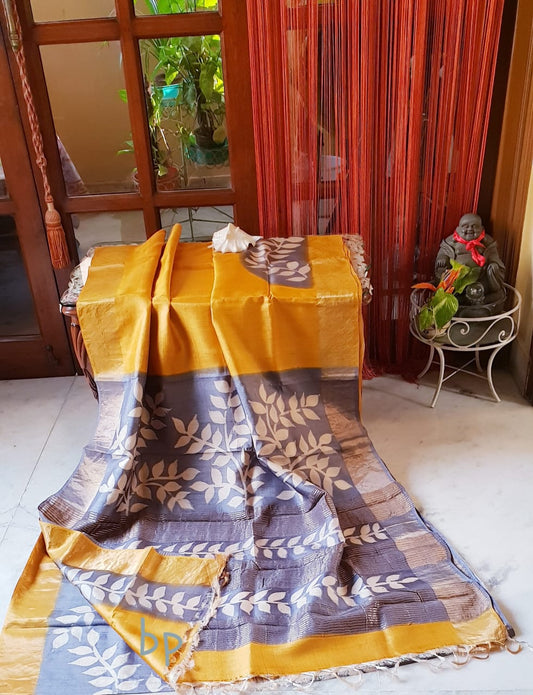 Yellow Beige  Zari KK Block Printed  Zari Border Pure Silk Mark Certified Tussar Silk Sarees - Dailybuyys