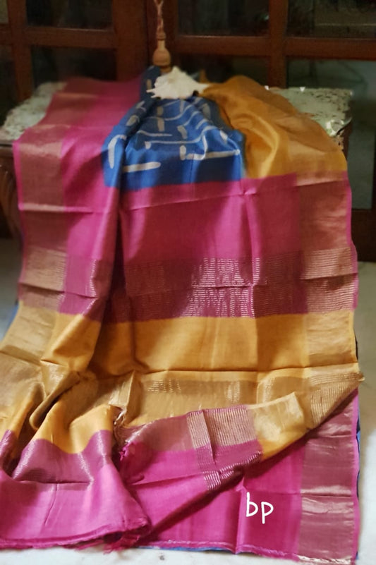Purple Blue  Zari KK  Block Printed Zari Border Pure Silk Mark Certified Tussar Silk Sarees - Dailybuyys