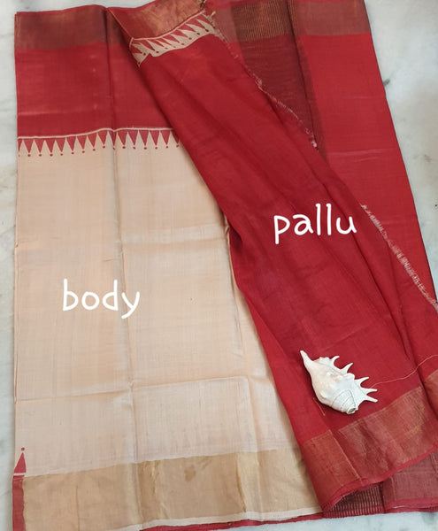 Red Beige  Zari KK Block Printed  Zari Border Pure Silk Mark Certified Tussar Silk Sarees