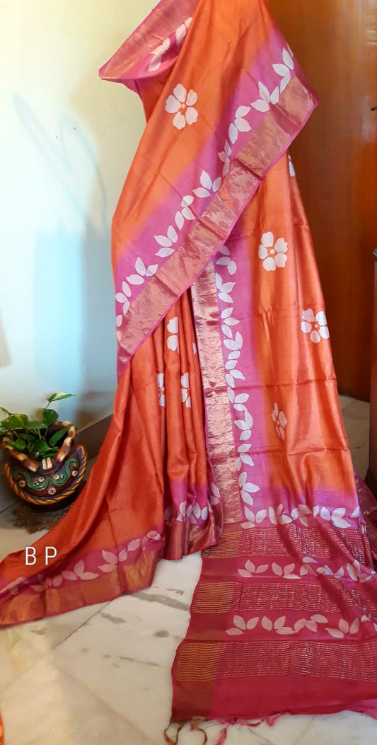 Orange Purple  Zari KK Block Printed  Zari Border Pure Silk Mark Certified Tussar Silk Sarees - Dailybuyys