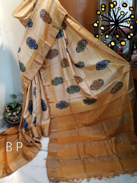 Beige Yellow Block Printed Zari Border Pure Silk Mark Certified Tussar Silk Sarees - Dailybuyys