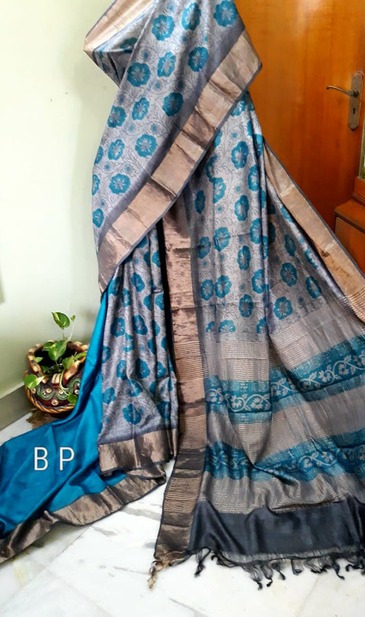 Blue Block Printed Zari Border Pure Silk Mark Certified Tussar Silk Sarees - Dailybuyys