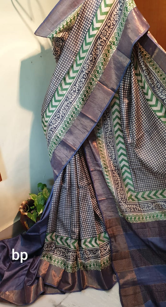 Grey Block Printed Zari Border Pure Silk Mark Certified Tussar Silk Sarees - Dailybuyys
