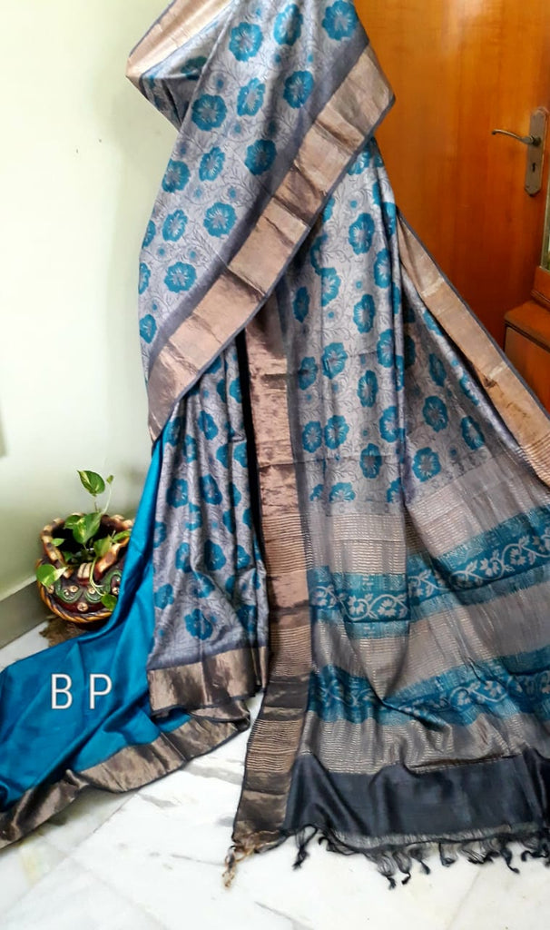 Blue Block Printed Zari Border Pure Silk Mark Certified Tussar Silk Sarees