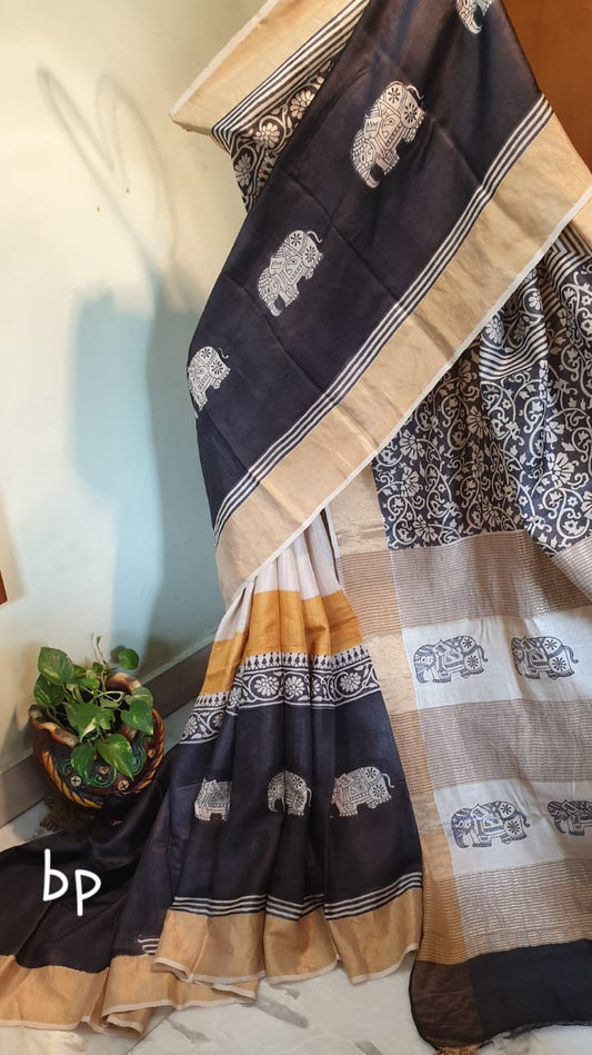 Black Beige Block Printed Zari Border Pure Silk Mark Certified Tussar Silk Sarees - Dailybuyys