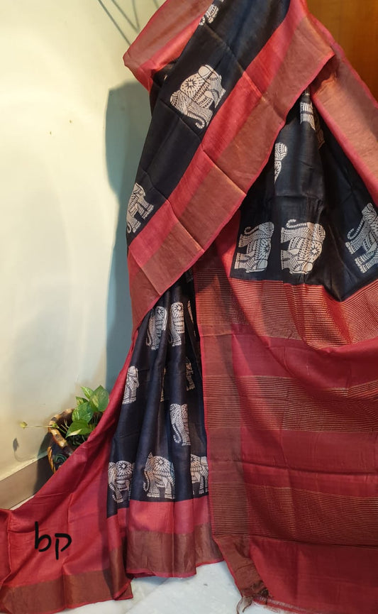 Black Red Block Printed Zari Border Pure Silk Mark Certified Tussar Silk Sarees - Dailybuyys