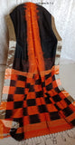 Orange Black Ikkat Check Pure Cotton Silk Sarees