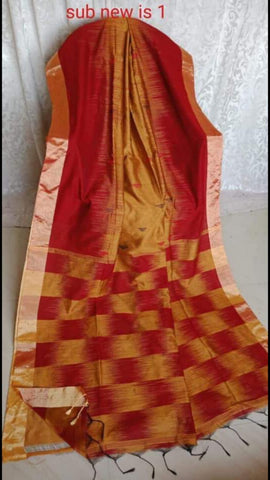 Red Yellow  Ikkat Check Pure Cotton Silk Sarees