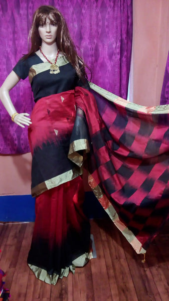 Red Blue Ikkat Check Pure Cotton Silk Sarees