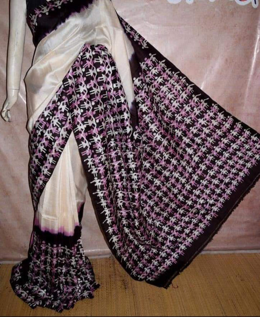 Beige Pure Silk Mark Certified Murshidabad Silk Sarees - Dailybuyys
