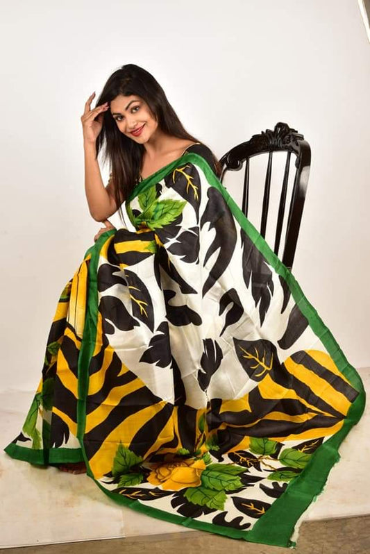 Green Yellow Pure Silk Mark Certified Murshidabad Silk Sarees - Dailybuyys