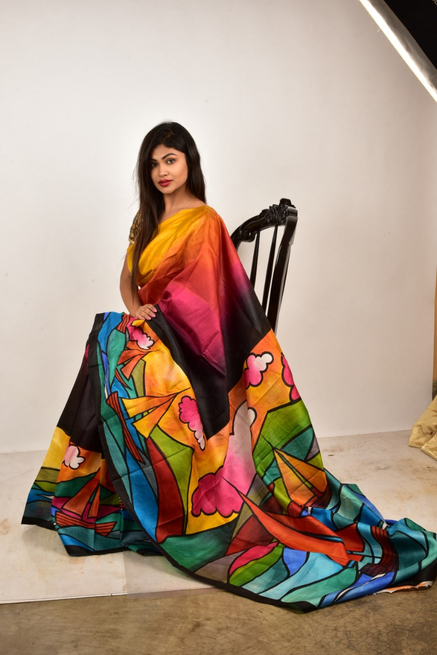 Yellow Black Pure Silk Mark Certified Murshidabad Silk Sarees - Dailybuyys