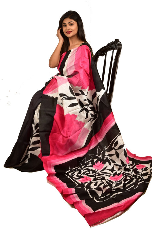 Black Pink Pure Silk Mark Certified Murshidabad Silk Sarees - Dailybuyys