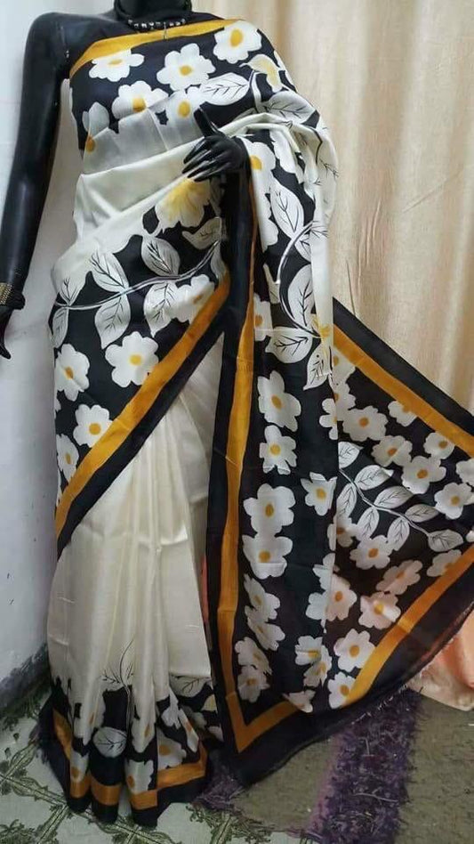 White Black Pure Silk Mark Certified Murshidabad Silk Sarees - Dailybuyys