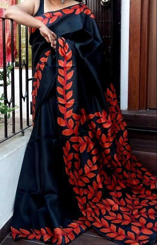 Black Hand Painted Pure Silk Mark Certified Murshidabad Silk Sarees - Dailybuyys