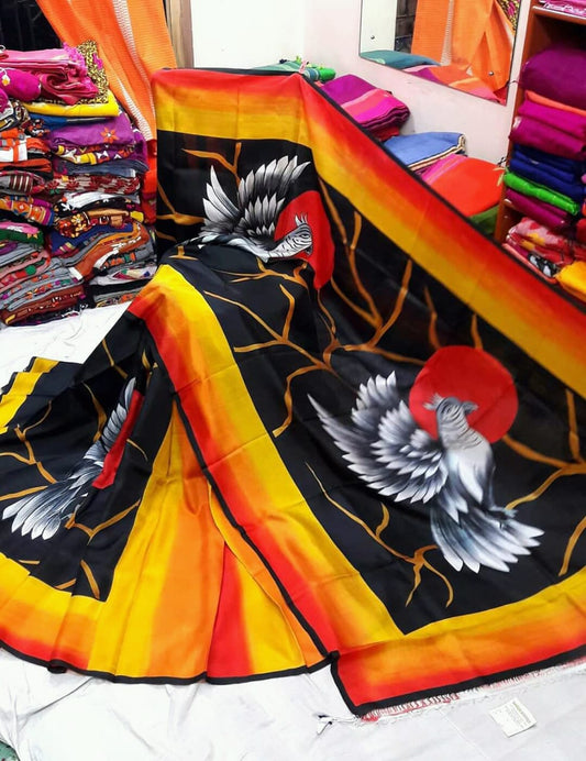 Black Yellow Pure Silk Mark Certified Murshidabad Silk Sarees - Dailybuyys