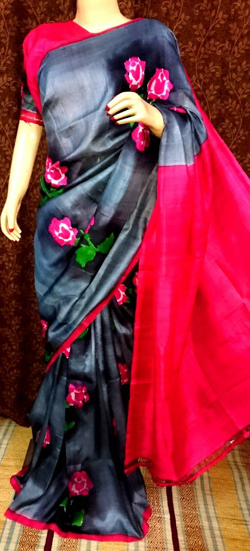 Grey Red Pure Silk Mark Certified Murshidabad Silk Sarees - Dailybuyys