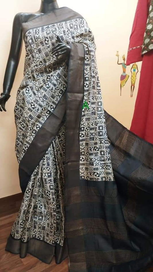 Grey Black Block Printed Zari Border Pure Silk Mark Certified Tussar Silk Sarees - Dailybuyys
