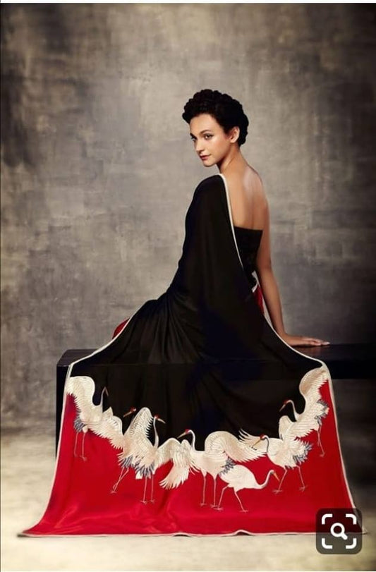 Black Red Hand Printed Pure Silk Mark Certified Bishnupuri Silk Sarees - Dailybuyys