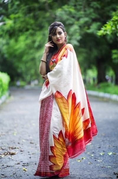 White Pure Hand Block Printed Silk Mark Certified Murshidabad Silk Sarees - Dailybuyys