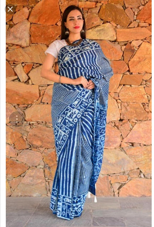Blue Block Painted Pure Silk Mark Certified Bishnupuri Silk Sarees - Dailybuyys