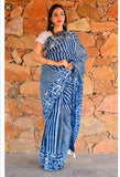 Blue Block Painted Pure Silk Mark Certified Bishnupuri Silk Sarees