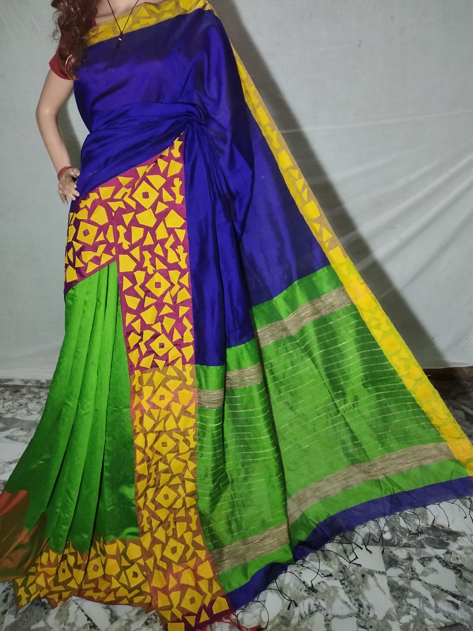 Blue Green Mahapar Applique Sarees - Dailybuyys