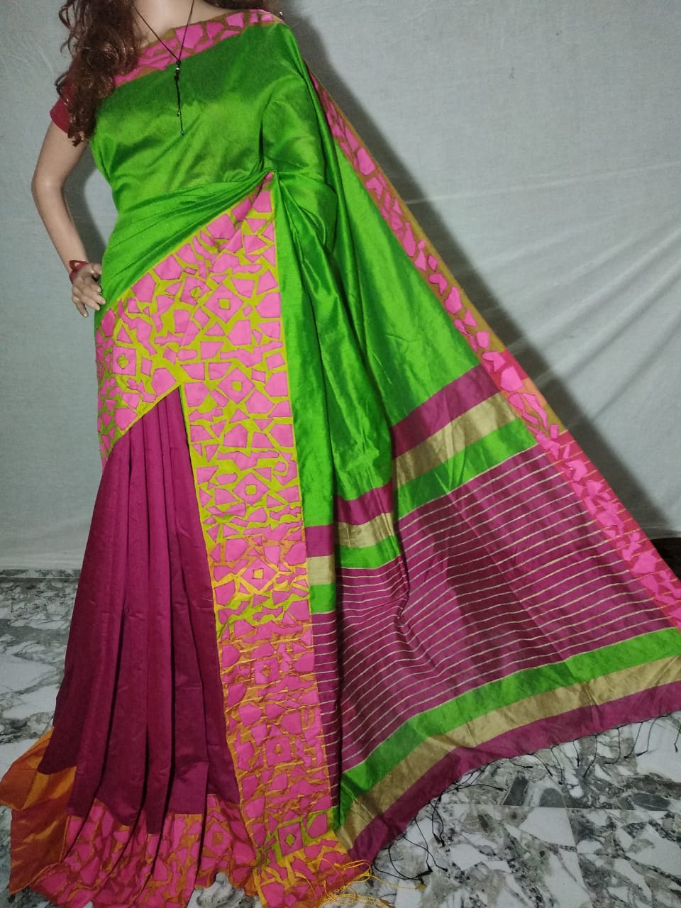 Green Purple Mahapar Applique Sarees - Dailybuyys
