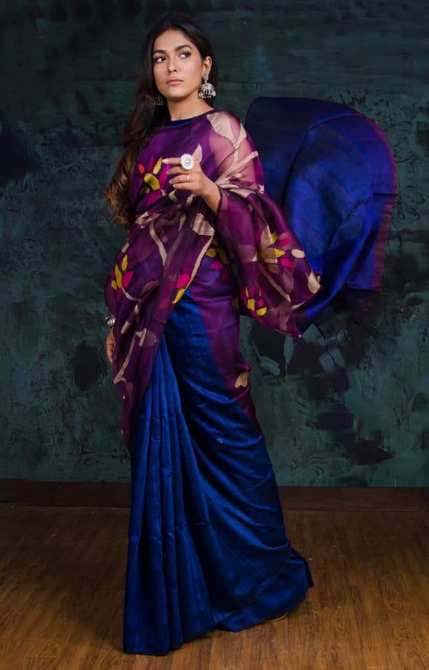 Blue Matka Silk Mark Certified Muslin Jamdani Sarees - Dailybuyys