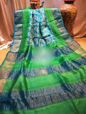 Green Blue Block Printed Zari Border Pure Silk Mark Certified Tussar Silk Sarees
