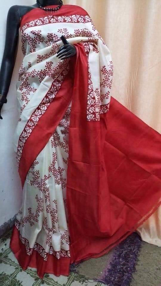Beige Red Block Printed Pure Silk Mark Certified Bishnupuri Silk Sarees - Dailybuyys