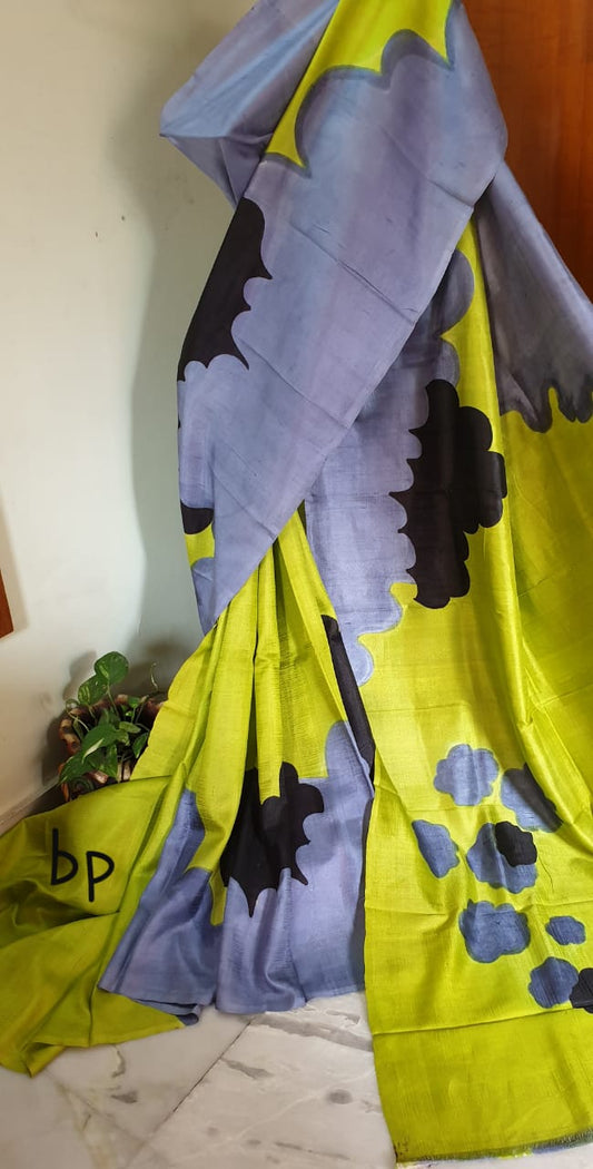 Grey Yellow Hand Painted Pure Silk Mark Certified Bishnupuri Silk Sarees - Dailybuyys