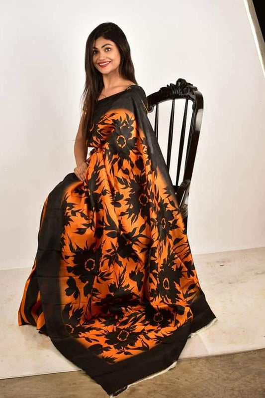 Brown Orange Hand Painted Pure Silk Mark Certified Bishnupuri Silk Sarees - Dailybuyys