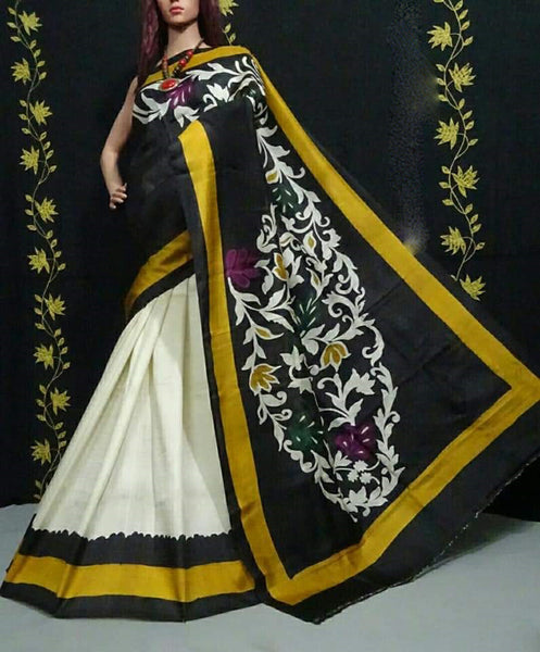 Black Beige Hand Painted Pure Silk Mark Certified Bishnupuri Silk Sarees