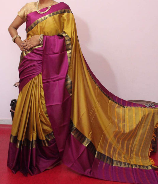 Yellow Violet Beautiful Pure Silk Sarees - Dailybuyys