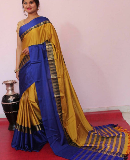 Yellow Blue Beautiful Pure Silk Sarees - Dailybuyys