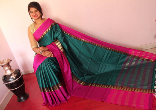 Green Violet Beautiful Pure Silk Sarees - Dailybuyys