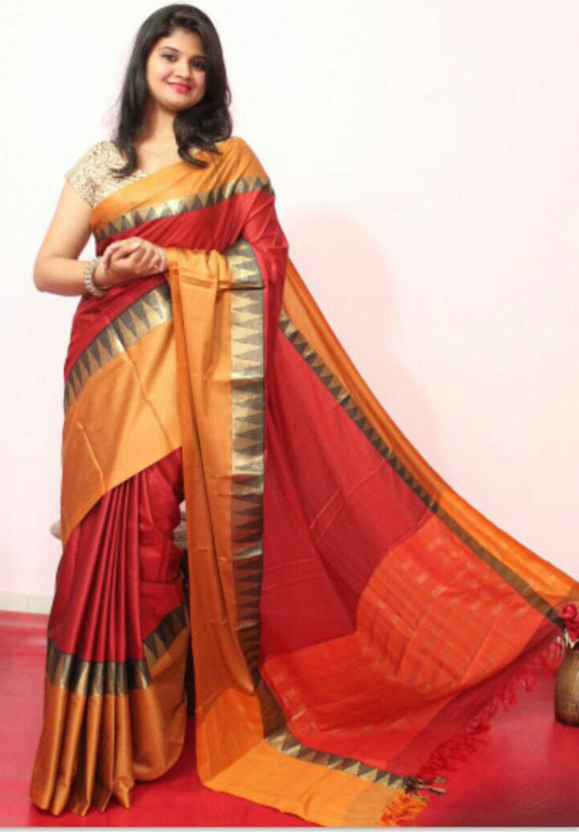 Red Orange Beautiful Pure Silk Sarees - Dailybuyys