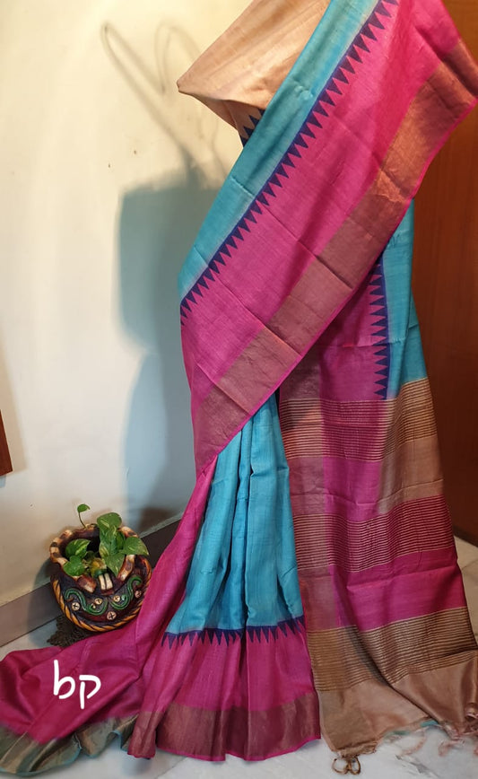 Blue Purple Block Printed Zari Border Pure Silk Mark Certified Tussar Silk Sarees - Dailybuyys